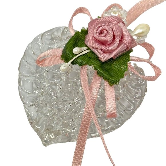 Handmade Heart Ornaments With Pink Ribbons Rose Accents Acrylic - Picture 3 of 5